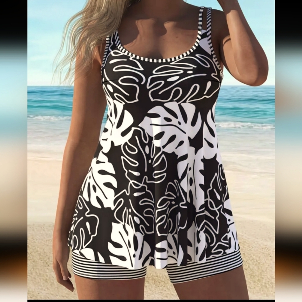 NEW,Black and White Tropical Leaf Print Tankini SZ.L (8/10)